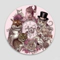 artistic set of pink steampunk animals, watercolor clip art , on white background, created with artificial intelligence, Royalty Free Stock Photo