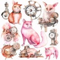 artistic set of pink steampunk animals, watercolor clip art , on white background, created with artificial intelligence, Royalty Free Stock Photo