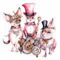 artistic set of pink steampunk animals, watercolor clip art , on white background, created with artificial intelligence, Royalty Free Stock Photo