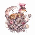 artistic set of pink steampunk animals, watercolor clip art , on white background, created with artificial intelligence, Royalty Free Stock Photo