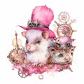 artistic set of pink steampunk animals, watercolor clip art , on white background, created with artificial intelligence, Royalty Free Stock Photo