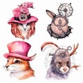 artistic set of pink steampunk animals, watercolor clip art , on white background, created with artificial intelligence, Royalty Free Stock Photo