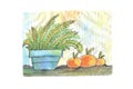Artistic set of tangerines fruits and fern plant with flowers