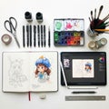Artistic setup featuring drawing and painting tools on a white Royalty Free Stock Photo