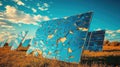 Artistic shattered solar panel installation reflecting blue skies in a field Royalty Free Stock Photo