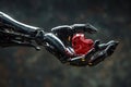 Artistic shot of a robotic arm extended with a heart-shaped red gem in its grasp