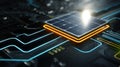 An artistic shot of a solar panel reflecting the sunlight with the foreground showing a highvoltage battery management Royalty Free Stock Photo