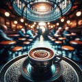 Artistic shot of Turkish coffee with the background of a reel of out-of-focus cafe chairs.. AI generated. Royalty Free Stock Photo