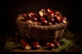 Artistic shots of fresh chestnuts spilling out of a rustic basket, highlighting their natural beauty. Generative Ai