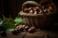 Artistic shots of fresh chestnuts spilling out of a rustic basket, highlighting their natural beauty. Generative Ai