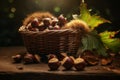 Artistic shots of fresh chestnuts spilling out of a rustic basket, highlighting their natural beauty. Generative Ai