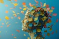 Artistic side profile of a human head made from colorful sticky notes, simulating motion in the wind Royalty Free Stock Photo