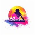 Artistic silhouette of a DJ mixing music against a sunset backdrop