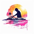 Artistic silhouette of a DJ mixing music against a sunset backdrop