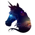 Artistic silhouette of fantasy animal unicorn on open space background.