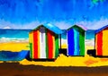 An artistic sketch showing colourful beach huts by the seaside