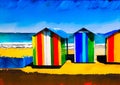 An artistic sketch showing colourful beach huts by the seaside