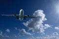 Aircraft in flight with Cumulonimbus cloud in blue sky. Australi