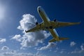 Aircraft in flight with Cumulonimbus cloud in blue sky. Australi