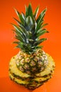 Artistic sliced, standing pineapple on orange background, vertical shot