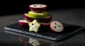 Artistic stack of sliced star fruit and red fruit with seeds on stone platter Royalty Free Stock Photo