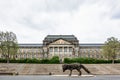 Artistic statue vulpes gott in front of Supreme Land Court palace in Dresden, Germany