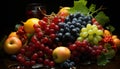Artistic still life of different fruits, as red grapes, black grapes and apples Royalty Free Stock Photo