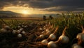 Artistic still life of field with onions at sunset