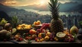 Artistic still life of green and red grapes with other fruits at sunset