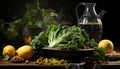 Artistic still life of green romaine leaves lettuces with lemons