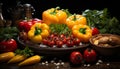 Artistic still life of red bell peppers with drops water