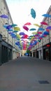 Artistic street decoration with umbrellas in Bath, UK