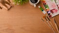 Artistic student workspace concept with painting tools copy space on wooden background
