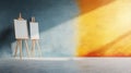 An artistic studio featuring two easels with blank canvases and a vibrant gradient wall, perfect for creative inspiration Royalty Free Stock Photo