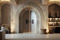 Artistic style white castle design of a room interior with a medieval wood door, stone archways and rustic wood shelving.