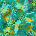 Artistic summer grunge seamless pattern. Multicolored background with shabby tropical leaves grunge texture. Hand drawn