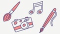 Artistic supplies: paint brush, camera, music note, pen, creative tools, vector design Generative AI Royalty Free Stock Photo