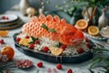 Artistic Sushi Presentation Featuring a Salmon Shaped Sashimi Platter with Citrus and Berries Royalty Free Stock Photo