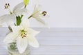 Artistic table still life composition with lily flowers in vase. White wooden wall background. Empty copyspace, rustic design Royalty Free Stock Photo