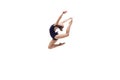 Artistic, talented, flexible girl, rhythmic gymnast in motion, performing against white studio background