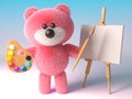 Artistic teddy bear with pink fluffy fur painting with a paintbrush palette and easel, 3d illustration