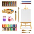 Artistic tools and art supplies with easel, palette paints brush and color pencil isolated vector set Royalty Free Stock Photo