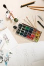 Artistic tools on creative workplace