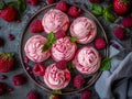 Artistic Top View of Raspberry Swirl Meringues with Fresh Berries and Basil on a Rustic Plate and Textured Background