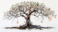 Artistic tree illustration with human faces on leaves and fruits, symbolizing family tree and heritage