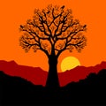 Silhouette of a tree with birds at sunset in orange sky Royalty Free Stock Photo