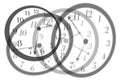 Artistic view round isolated clocks with latin numerals intersect with each other to show time passing and stress in life Royalty Free Stock Photo