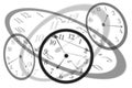 Artistic view round isolated clocks with latin numerals intersect with each other to show time passing and stress in life