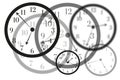 Artistic view round isolated clocks with latin numerals intersect with each other to show time passing and stress in life