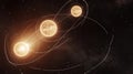 Artistic visualization of alpha centauri s three suns in elliptical orbits intersecting in space